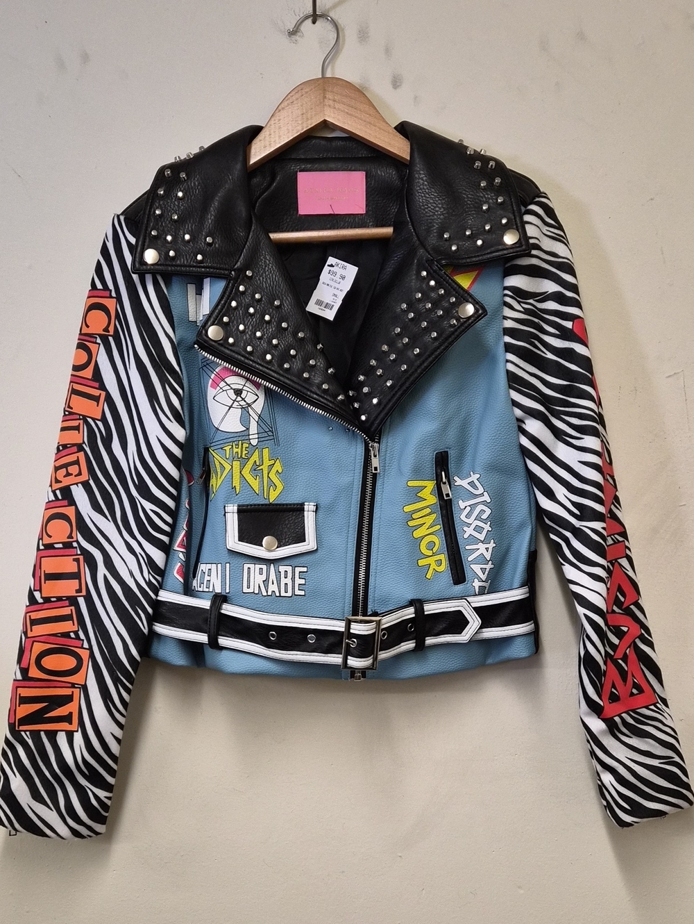 Studded Punk Graphic Leather Jacket in Light Blue, Black & Zebra Print Size S